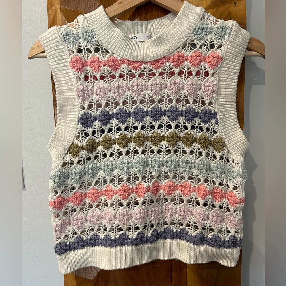 Zara Multi Colored Cotton Cropped Crochet Vest Size Small